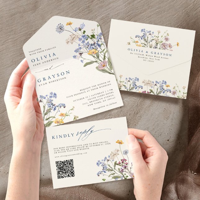 Casamento Colorido de Primavera Wildflower Meadow  (Colorful Spring Wildflower Meadow Garden Wedding All In One Invitation)