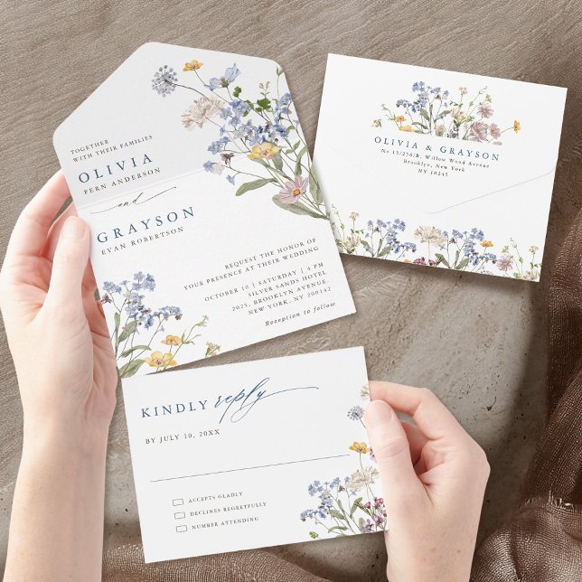 Casamento Colorido de Primavera Wildflower Meadow  (Colorful Spring Wildflower Meadow Garden Wedding All In One Invitation)