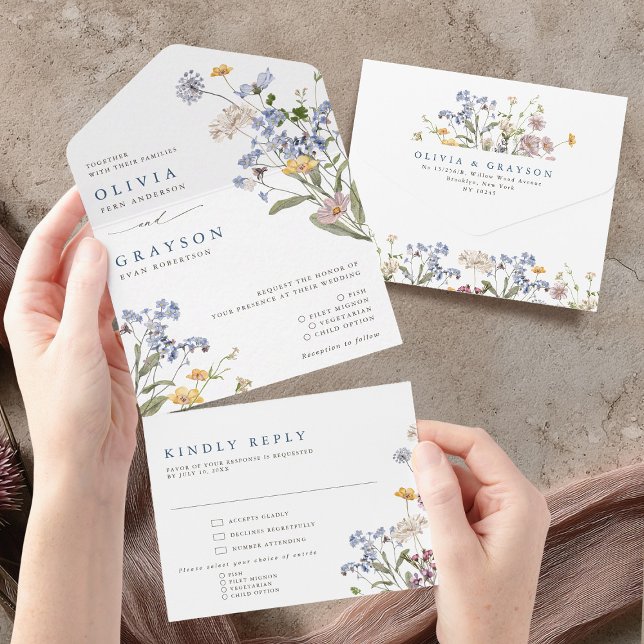 Casamento Colorido de Primavera Wildflower Meadow  (Colorful Spring Wildflower Meadow Garden Wedding All In One Invitation)