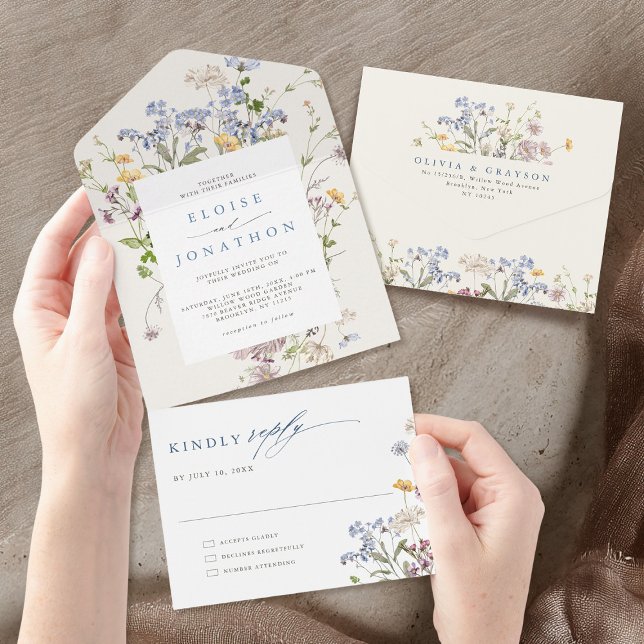 Casamento Colorido de Primavera Wildflower Meadow  (Colorful Spring Wildflower Meadow Garden Wedding All In One Invitation)