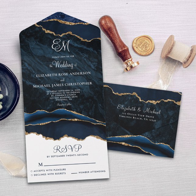 Casamento com Agata Azul Marinho Monograma Elegant (Criador carregado)