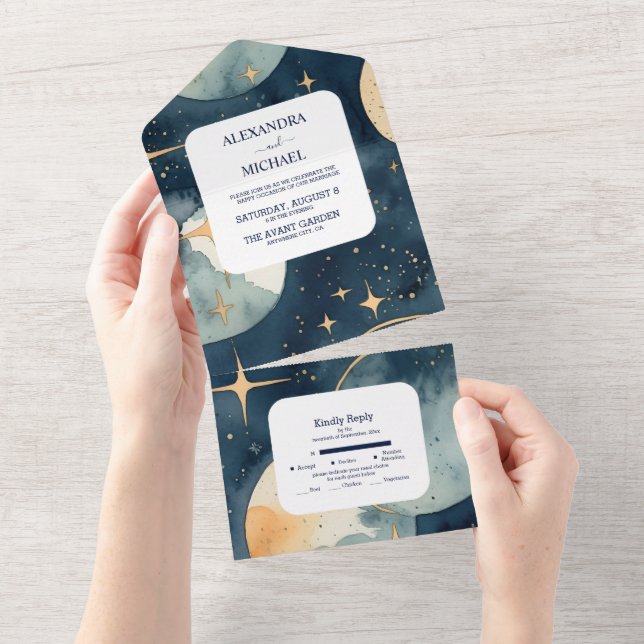 Casamento com Aquarela em Azul e Dourado Místico d (Tearaway)