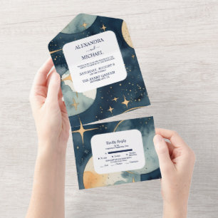 Casamento com Aquarela em Azul e Dourado Místico d