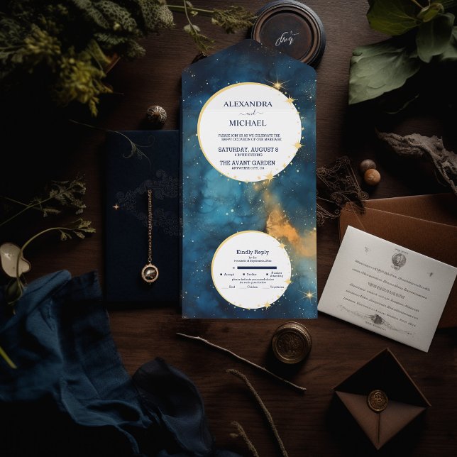 Casamento com Aquarela em Azul e Dourado Místico d (Criador carregado)