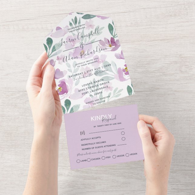 Casamento com Aquarela Floral Boho Roxa (Aba destacável)