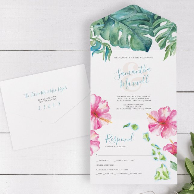 Casamento com Aquarela Tropical no Havaí (All in one destination wedding invitations watercolor Hawaiian islands tropical flowers leaves)