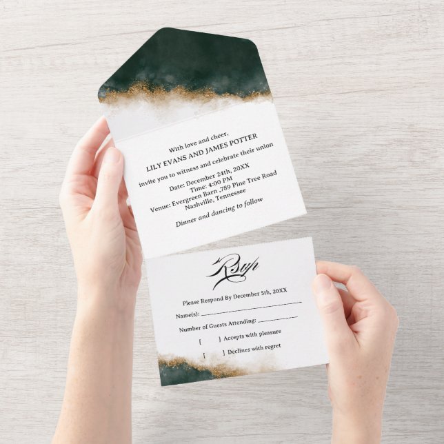Casamento com Aquarela Verde Escuro e Dourado (Aba destacável)