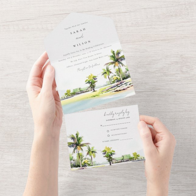 Casamento com Aquarelas de Palma de Praia Tropical (Tearaway)