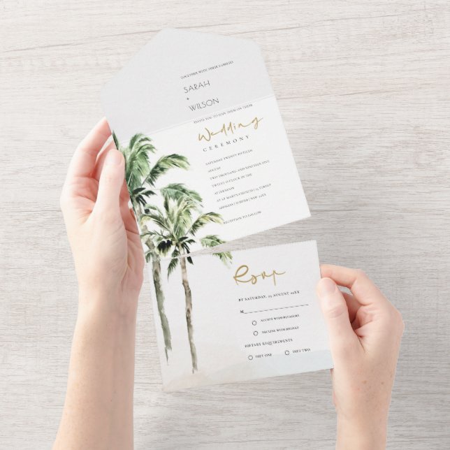 Casamento com Aquarelas de Palmeiras de Praia Trop (Aba destacável)