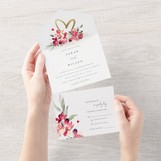 Casamento com Aquarelas Douradas Vermelhas de Cora (Aba destacável)