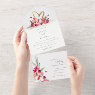 Casamento com Aquarelas Douradas Vermelhas de Cora