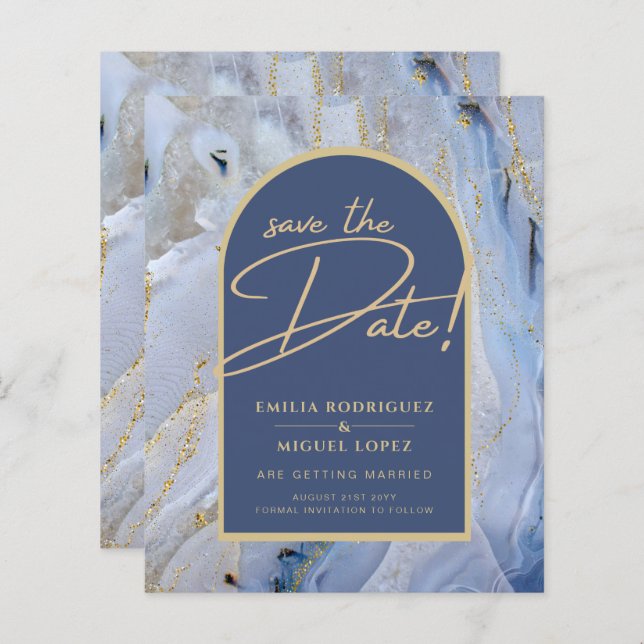 Casamento com Arca de Mármore Dourada Azul Moderno (Frente/Verso)