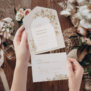Casamento com Arca Foral Botânica Dourada Elegante