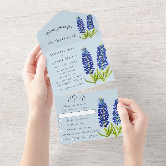 Casamento com Bluebonnets Lupine Watercolor Texas (Aba destacável)