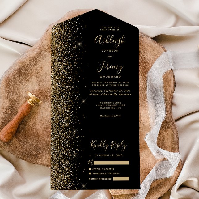 Casamento com Brilho Dourado Preto Moderno (Criador carregado)
