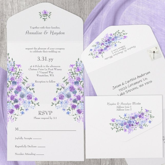 Casamento com Buquê Rosa de Jardim Azul Roxo (Light purple, dusty blue roses all-in-one wedding invitation for lilac, lavender, baby blue Spring)