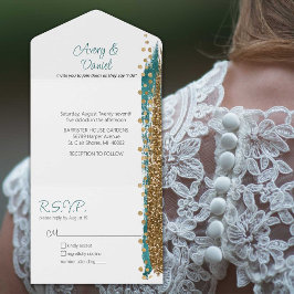 Casamento com Caligrafia Dourada de Teal Moderno
