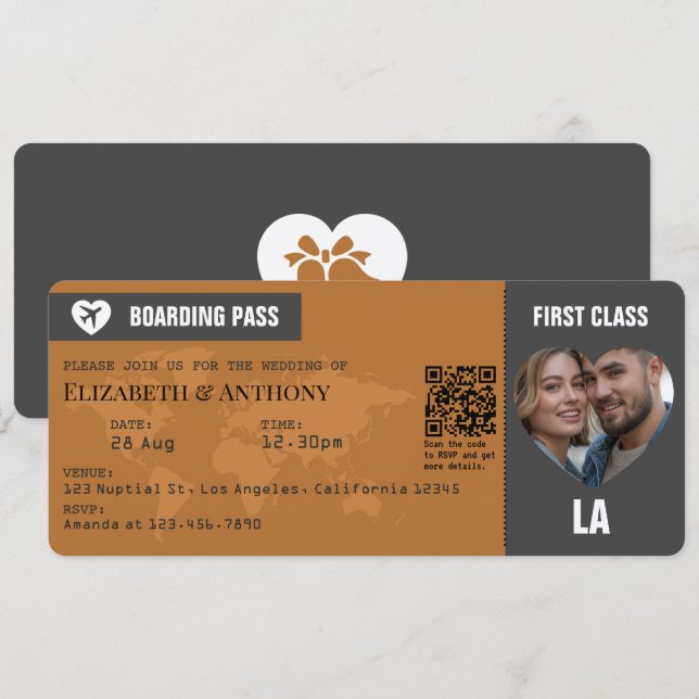 Casamento com Cartão de Embarque em Cinza Carvão e (Frente/Verso)