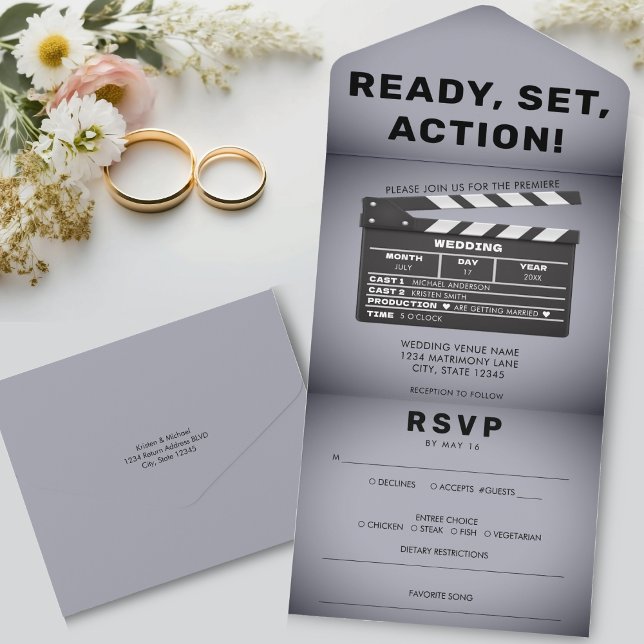 Casamento com Cinza de Conselho de Cinema Retro (Retro Movie Film Clap Board Grey Wedding All In One Invitation)