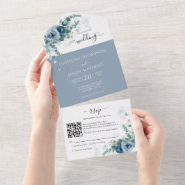 Casamento com Código Qr Azul-Dusty Floral Elegante