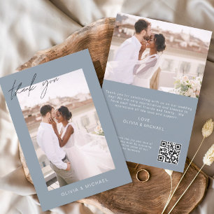 Casamento com Código QR Azul Dusty Obrigado Cartão