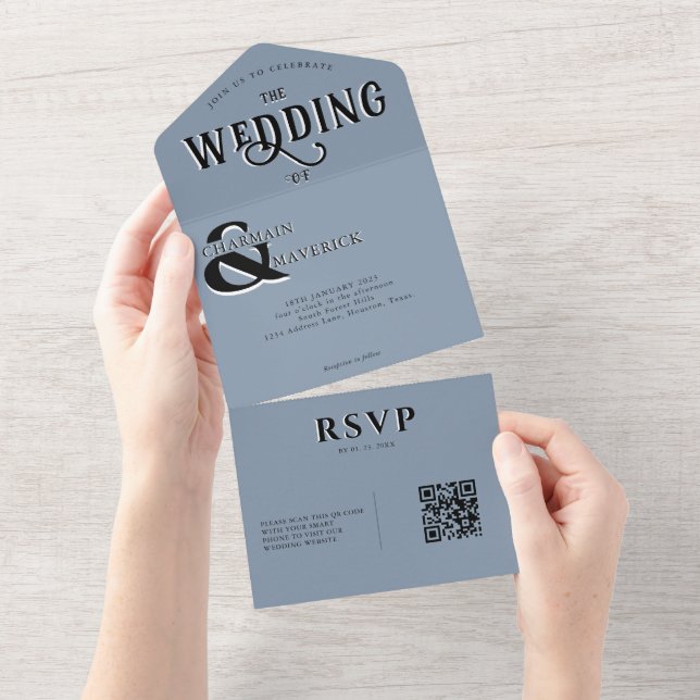 Casamento com Código QR Azul Elegante Moderno (Aba destacável)