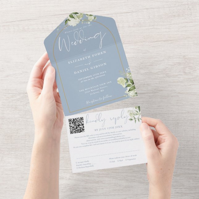 Casamento com Código QR Azul Empoeirado Arco Doura (Aba destacável)