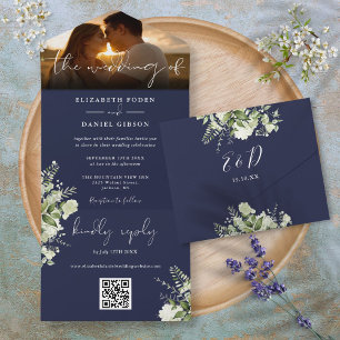 Casamento com Código QR de Floral Verde Azul-Marin