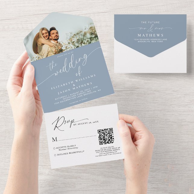Casamento com Código QR de Foto Azul Dusty de Scri (Criador carregado)