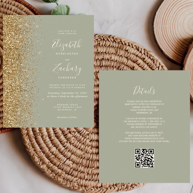 Casamento com Código QR de Glitter Verde Dourado S (Criador carregado)