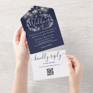 Casamento com Código QR de Luzes de Corda Azul Mar