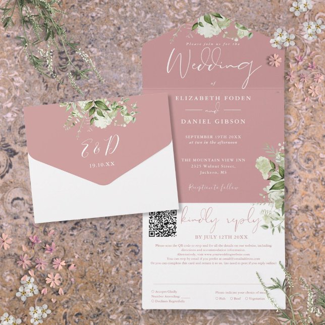 Casamento com Código QR de Monograma de Verdejante (Dusty Rose Greenery Monogram QR Code Wedding All In One Invitation)