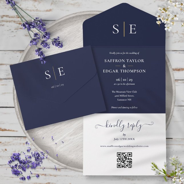 Casamento com Código QR de Monograma em Azul Marin (Navy Blue And Gold Monogram QR Code Wedding All In One Invitation)