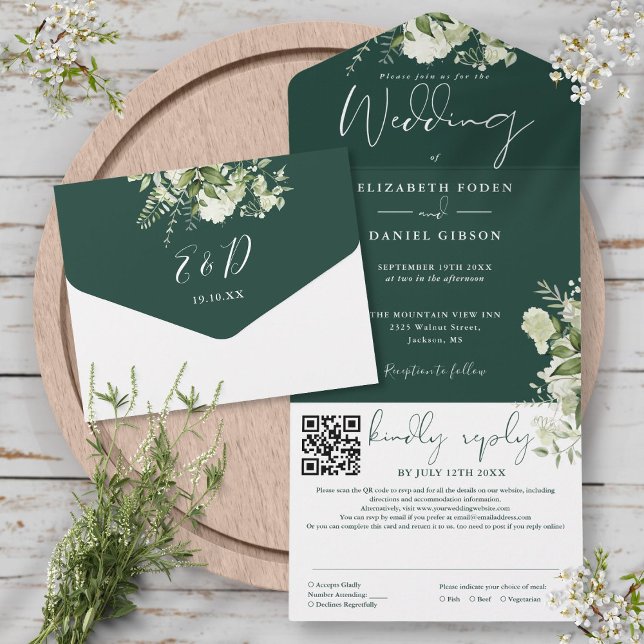 Casamento com Código QR de Monograma Floral Verde  (Emerald Green Floral Monogram QR Code Wedding All In One Invitation)