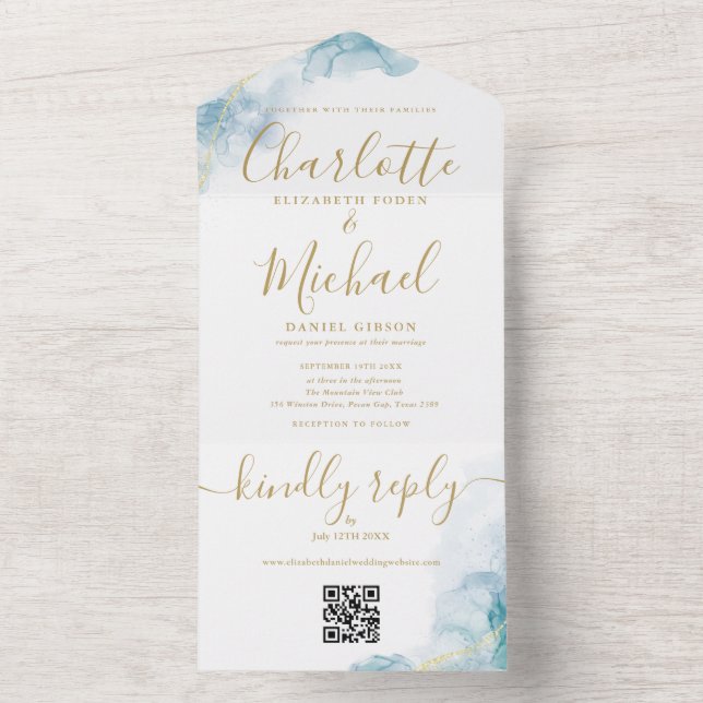 Casamento com Código QR em Grafia Dourada com Aqua (Interno)