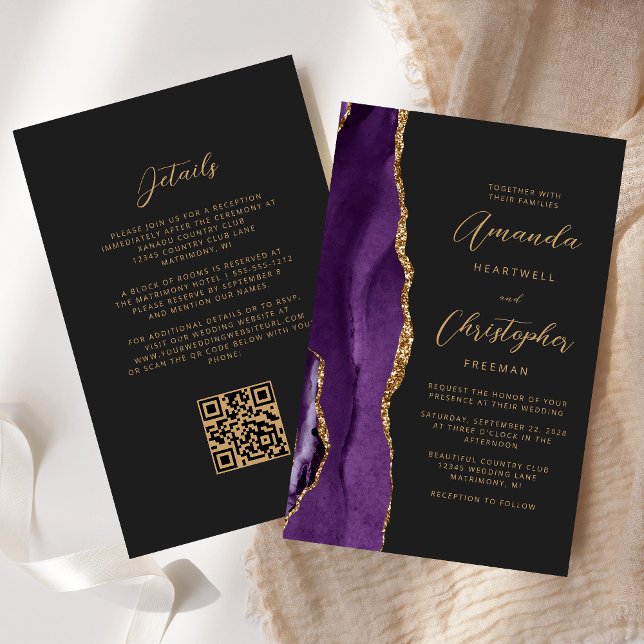 Casamento com Código QR Escuro de Agato Dourado Ro (Criador carregado)