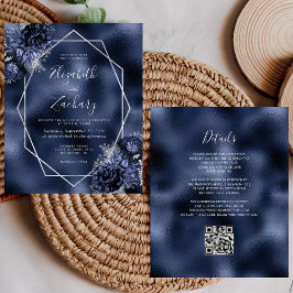 Casamento com Código QR Floral Azul Naval com Orça