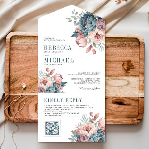 Casamento com Código QR Floral Rosa e Azul Empoeir