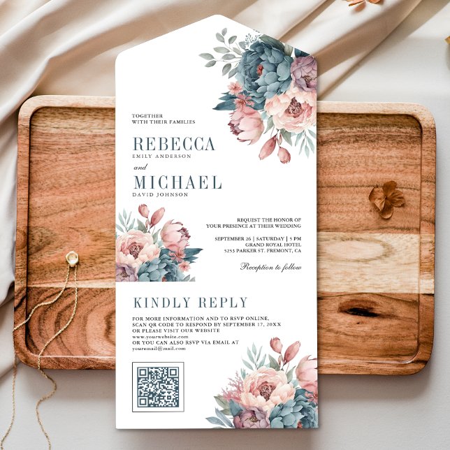 Casamento com Código QR Floral Rosa e Azul Empoeir (Criador carregado)