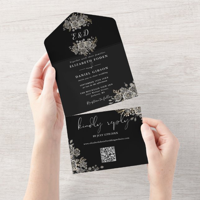Casamento com Código QR Monograma Preto e Branco G (Aba destacável)