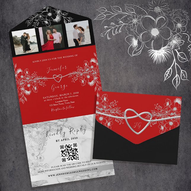 Casamento com Código QR Preto e Vermelho Moderno (Criador carregado)