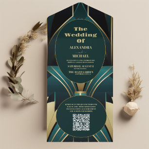 Casamento com Deco de Arte Elegante Verde e Dourad