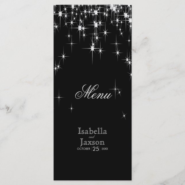 Casamento com estrelas de preto e prata - Menu (Frente)