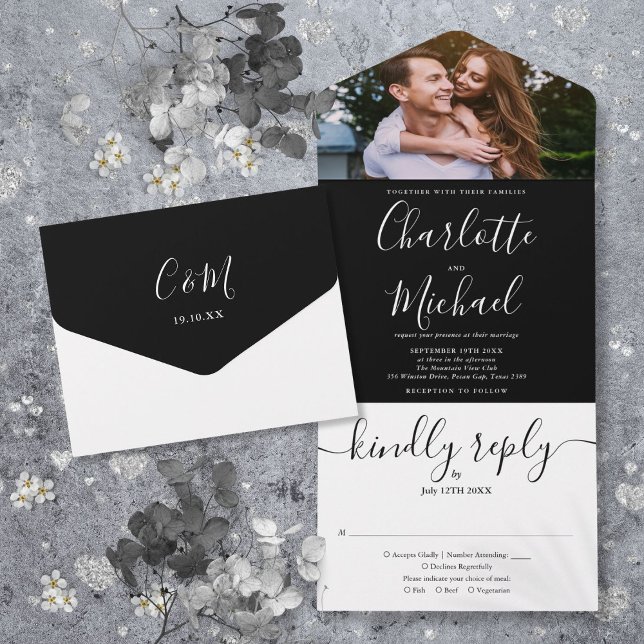 Casamento com Foto em Preto e Branco com Letra Mod (Modern Black And White Script Photo Wedding All In One Invitation)