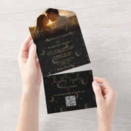 Casamento com Foto Preto e Dourado Celestial