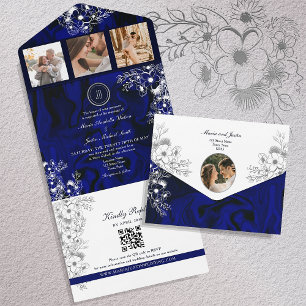 Casamento com Foto QR Floral Azul Escuro