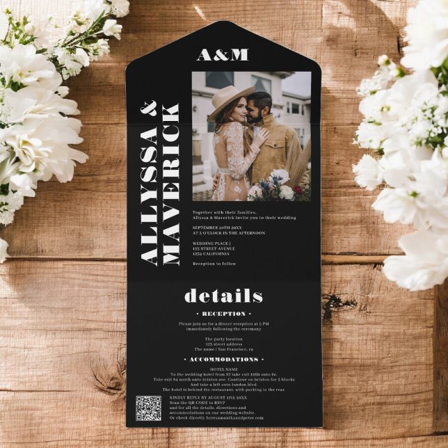 Casamento com fotos simples de Bold Chic (Black chic Bold simple monogram photo wedding All In One Invitation)