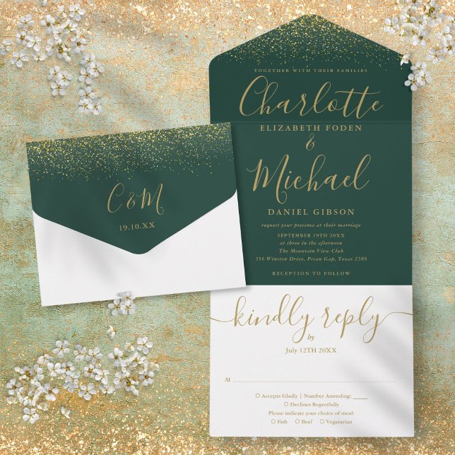 Casamento com Letra Brilhante em Verde Esmeralda e (Emerald Green And Gold Glitter Script Wedding All In One Invitation)
