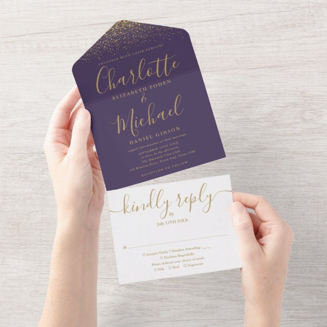 Casamento com Letra Brilhante Roxa e Dourada (Aba destacável)