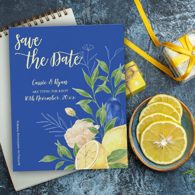 Casamento com limão azul mediterrânico Salve a dat (Mediterranean Blue Lemon Wedding Save the Date)